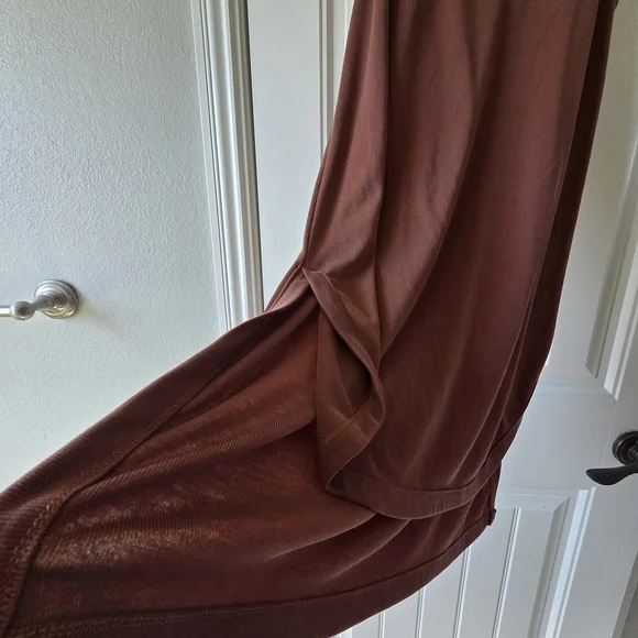 Mod Ref Rust Brown Micro Ribbed High Low Midi Dress Keyhole Back Minimalist Sz L - Picture 6 of 11